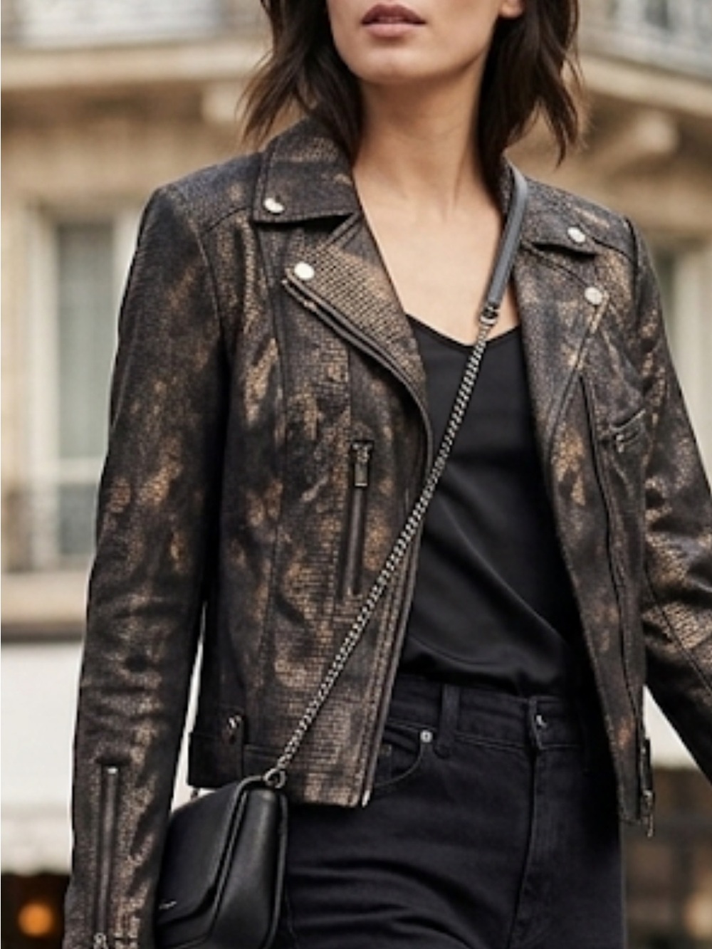 Insight Metallic Black and Bronze Textured Moto Jacket - Women NWT 19”-21” PTP